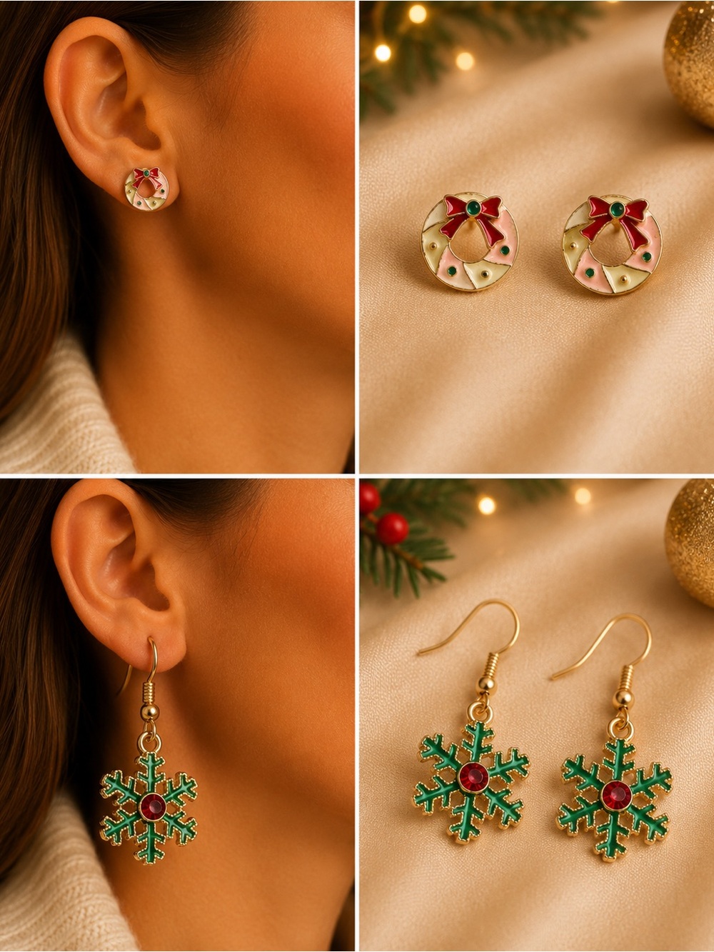 Festive Pink and Green Snowflake Wreath Christmas Holiday Earrings 2 Pair Set